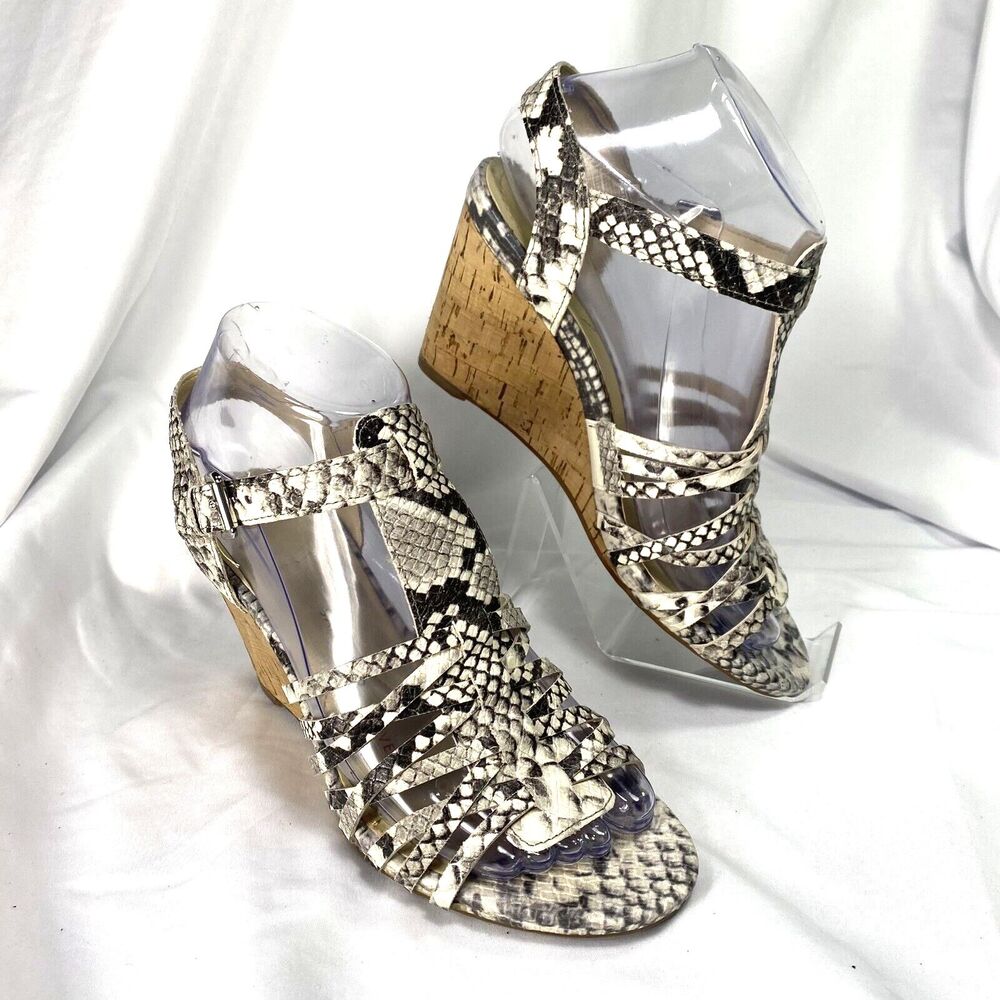 Isaac Mizrahi Women's Sandal Size 6 M Strappy Snake Print Cork Wedge Heel  3.5"
